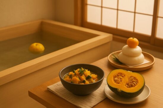 冬至の風習と暮らし。冬の和室または家庭のキッチンを背景に、湯船に浮かぶゆずと、テーブルに置かれたかぼちゃ料理が並ぶ