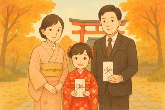 七五三のお祝い。秋の神社を背景に、七五三の着物姿の子どもと両親が並んでいる様子