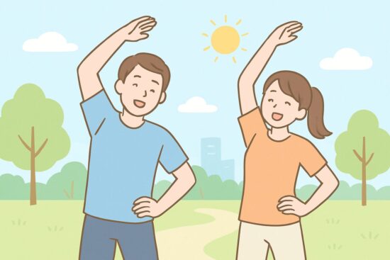 朝の公園やでラジオ体操をしている男女。明るく健康的な雰囲気のイラスト風。