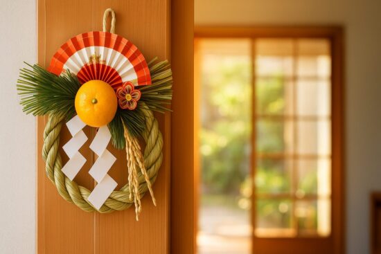 玄関に飾られた美しいしめ飾りと新年の光景