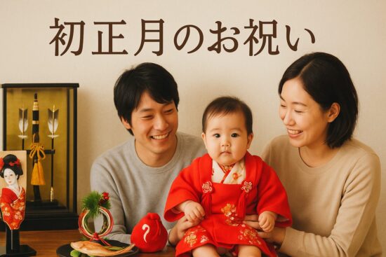 「初正月のお祝い風景（赤ちゃん・羽子板・破魔弓・和の雰囲気）」