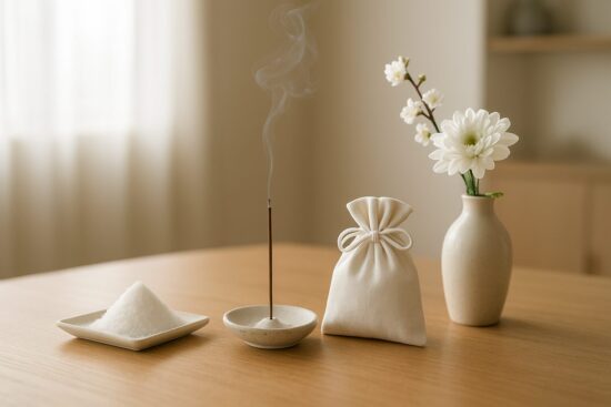 朝の柔らかな光が差し込む部屋で、テーブルの上に小さな盛り塩や白いお守り袋、香が立ち上るお香立て、清潔な花（たとえば白い菊や桜）が飾られているシーン。