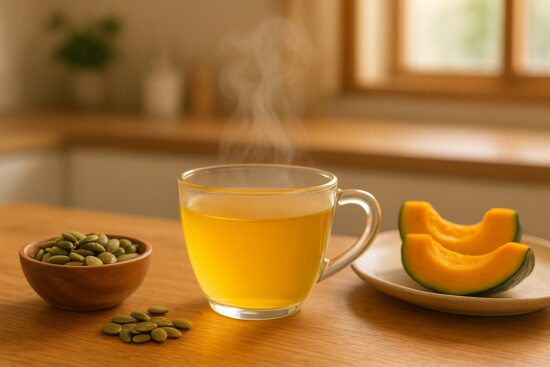 かぼちゃ茶の作り方!キッチンテーブルの上に、湯気の立つ透明なカップに入ったかぼちゃ茶。横にかぼちゃの種やスライスしたかぼちゃが添えられている。