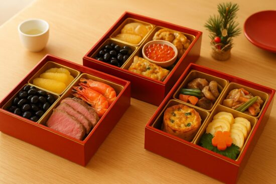 お正月の食卓に並んだ三段重のおせち。黒豆・数の子・エビなどの定番料理に加え、ローストビーフやキッシュなど洋風の一品も入った和洋おせち。