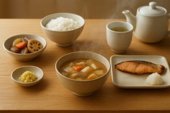 テーブルの上に、温かいスープ、根菜入りの煮物、ショウガ、魚料理などが並び、冬や寒い季節をイメージさせる温かみのある食卓