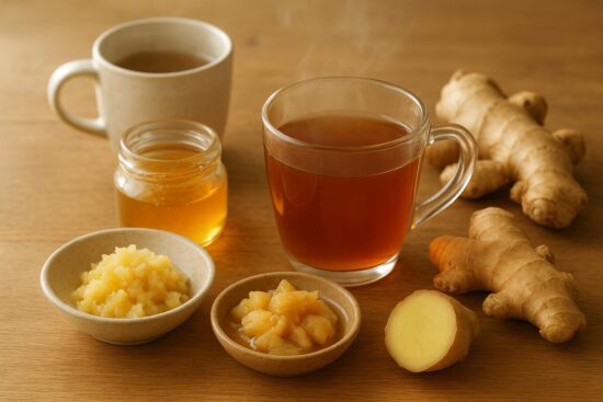 木のテーブルの上に、生姜紅茶やおろし生姜、はちみつ、生姜の味噌漬けなどが並んでいる温かみのあるシーン
