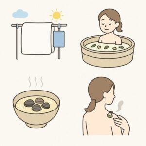 土用干し・丑湯・しじみ・お灸の暮らしの知恵を表した画像
