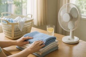 風が通る夏の部屋。洗濯かごと冷たいレモン水、涼やかな暮らしの一コマ。