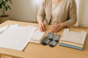洗濯物をたたむ前に、Tシャツやタオルなどを種類別に仕分けして並べている様子。たたむ順番を考えながら準備している場面