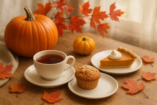 10月の暮らしと行事。紅葉とカボチャを飾った秋のテーブル。紅茶、マフィン、パンプキンパイが並ぶ、明るい自然光のあたたかな雰囲気