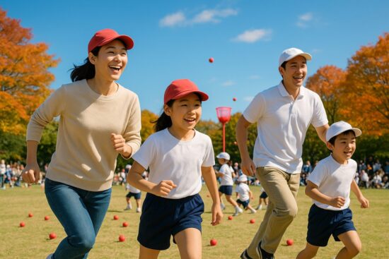 親子で運動会を楽しむ方法！青空の下で運動会が行われている。親子や子どもたちが笑顔で走っている。