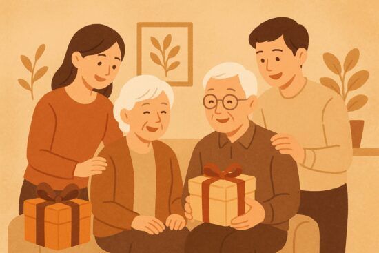 敬老の日に、家族がお年寄りにプレゼントを贈り、笑顔で過ごしている温かい秋色のイラスト