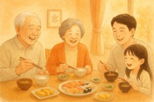 敬老の日に、三世代の家族が食卓を囲み、和食を楽しみながら笑顔で過ごしている温かい水彩風イラスト
