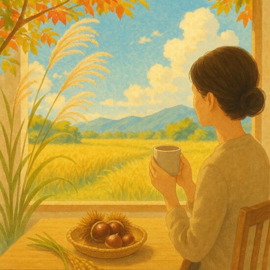 窓辺で栗と稲穂を前に温かい飲み物を手にした女性が、色づき始めた木々とすすきを眺める9月の風景