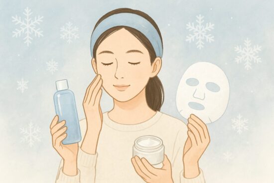 冬の乾燥をイメージさせる背景。化粧水・クリーム・マスクなどの保湿アイテムを手にスキンケアをする女性のイラスト