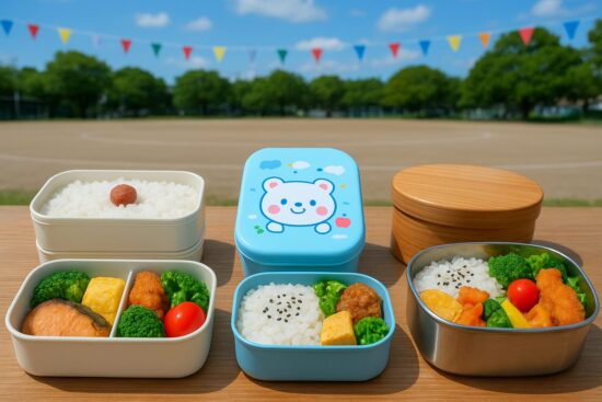 運動会の校庭を背景に並べられた、種類の違うお弁当箱と彩り豊かなおかず