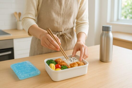 朝のキッチンでお弁当を詰める様子。保冷剤と水筒も添えられた清潔感ある朝のキッチン