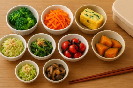 お弁当用の野菜おかず。複数の小鉢に色とりどりの野菜おかずを盛り付けた写真