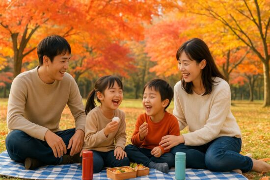 秋の自然の中で、色鮮やかな紅葉が広がる風景。レジャーシートの上で家族や子どもが楽しそうに過ごしている様子