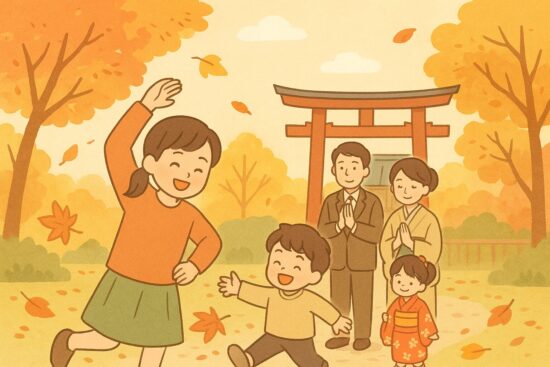 11月の暮らしと行事。秋の紅葉が色づいた景色の中に、家族でお参りする七五三の姿や、落ち葉を楽しむ子どもたち。