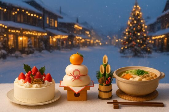 12月の暮らし・行事。冬らしい雰囲気を感じるシーン。背景は雪が積もった街並みやイルミネーション、テーブルにはクリスマスケーキや鍋料理、お正月飾り