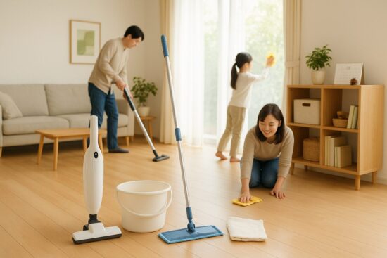 年末の大掃除を効率よく！明るいリビングを背景に、掃除用具（掃除機、モップ、雑巾など）が揃ったシーン。家族が手伝っている雰囲気。