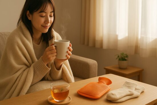 冬の朝、リビングで温かいひざ掛けに包まりながら、湯気の立つマグカップを手にくつろぐ女性