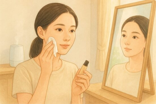 室内で女性が鏡の前でメイク直しをしている。片手にティッシュ、もう片手にファンデやコンシーラーを持っている