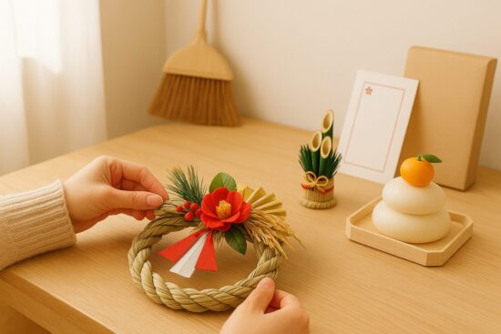 お正月準備はいつから始める？冬の柔らかな光が入る室内で、お正月飾り（しめ縄や小さな門松、鏡餅）を飾り付けているシーン。