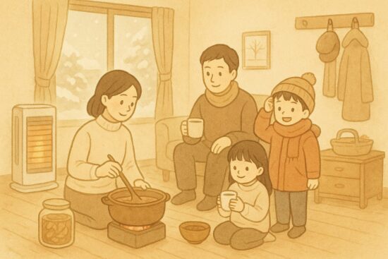 寒さが厳しい冬の暮らしを快適に過ごすイメージ。暖房や衣類、防寒グッズ、家仕事（味噌や漬物作り）や季節行事の雰囲気