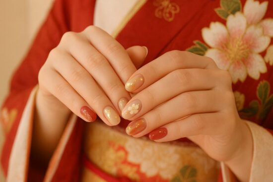 振袖を着た新成人の女性の手元 ・和柄の袖口＋しっかり整えられたネイルが見える構図