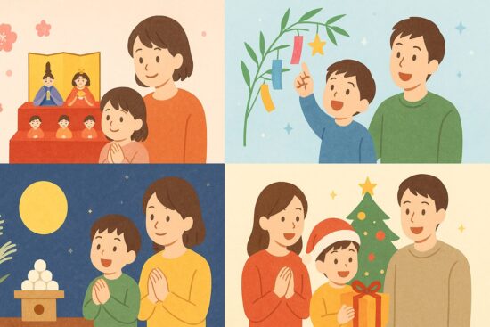 ひな祭り・七夕・お月見・クリスマスといった季節の行事を象徴するイラストや、四季の移り変わりを感じる風景