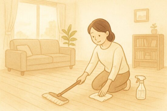 冬の家しごとを心地よく整えるシーン。寒い季節の中で、家をきれいにして新しい年を迎える明るい雰囲気
