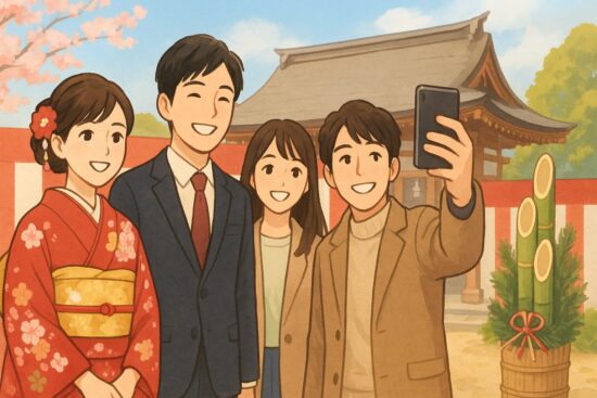 成人式を迎える若者（男女）を描写。振袖の女性、スーツの男性