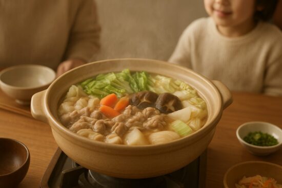 あったか鍋料理。根菜や旬の野菜を使った、家庭の食卓を思わせる温かい雰囲気