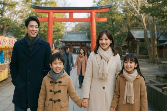 初詣に行く参拝客のイメージ。家族連れやカップルが神社の参道を歩くシーン