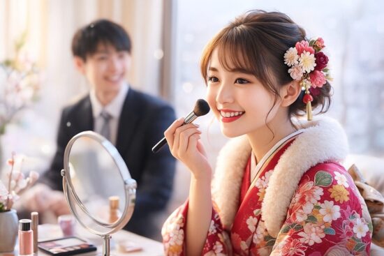 成人式メイク。真冬の成人式らしい雰囲気、振袖を着た女性がメイクを整えているシーン