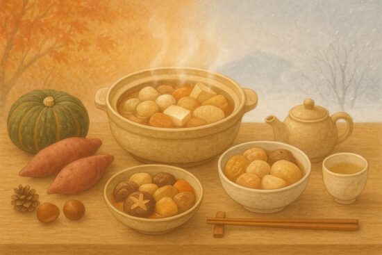 木のテーブルの上に、秋の食材（かぼちゃ、さつまいも、きのこ、栗など）と、冬の料理（鍋やおでん、煮物など）が並ぶ