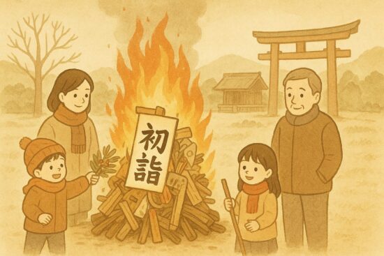家族が安全に見守りながら参加している。火祭りの雰囲気と冬の空気感、伝統行事らしい和風の情景