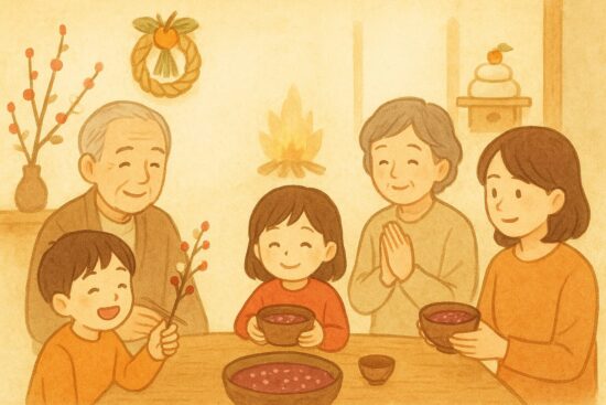 小正月の楽しみ方。小豆粥を囲む家族。 餅花や正月飾りが飾られた室内。冬らしいやわらかい光や暖色の暖かみのある雰囲気