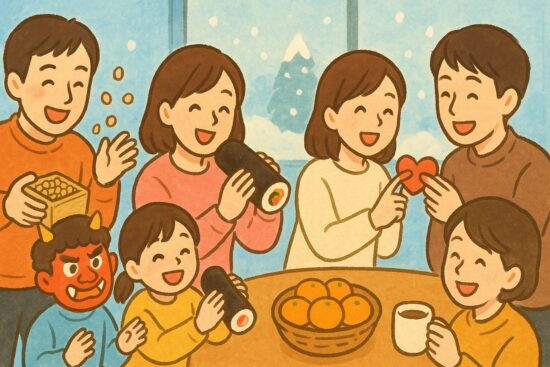 明るく華やかで、家族や友人と過ごす楽しさやほっこり感を表現。寒さと春の兆しを少しずつ感じる2月らしさを演出。